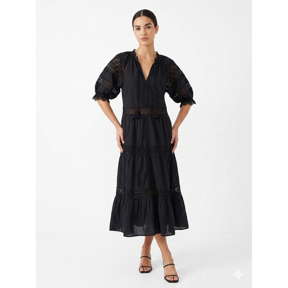 En Saison Eyelet Lace Tiered Midi Dress Boho Tassel Black Size XS